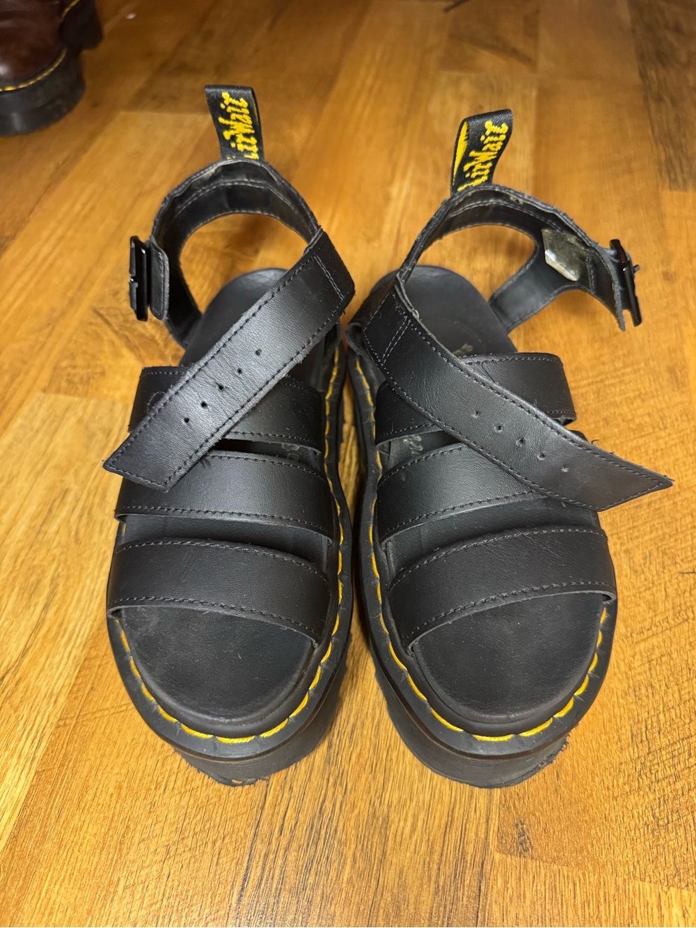 Dr. Martens Black Leather Strappy platform Sandals with Yellow Stitching